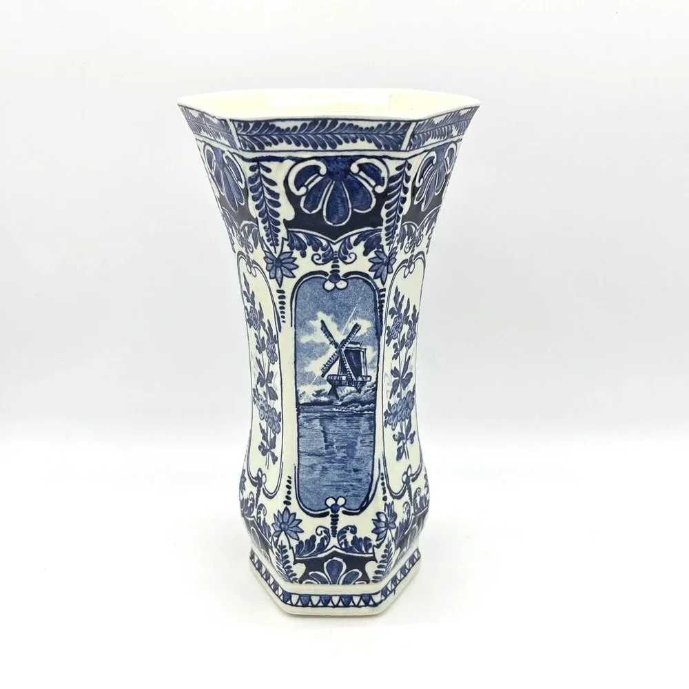 Boch Belgium Royal Sphinx Delft Blue Windmill Hexagonal Trumpet Vase 9.25